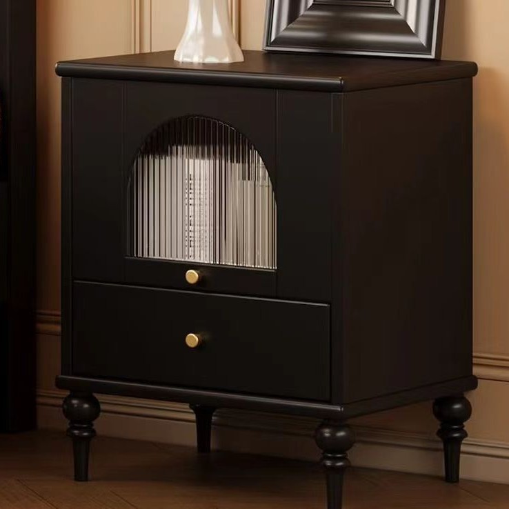 French Solid Wood Bedside Table Storage Storage Bed Side Cabinet with Drawer Modern Simple Glass Retro Master Bedroom Furniture