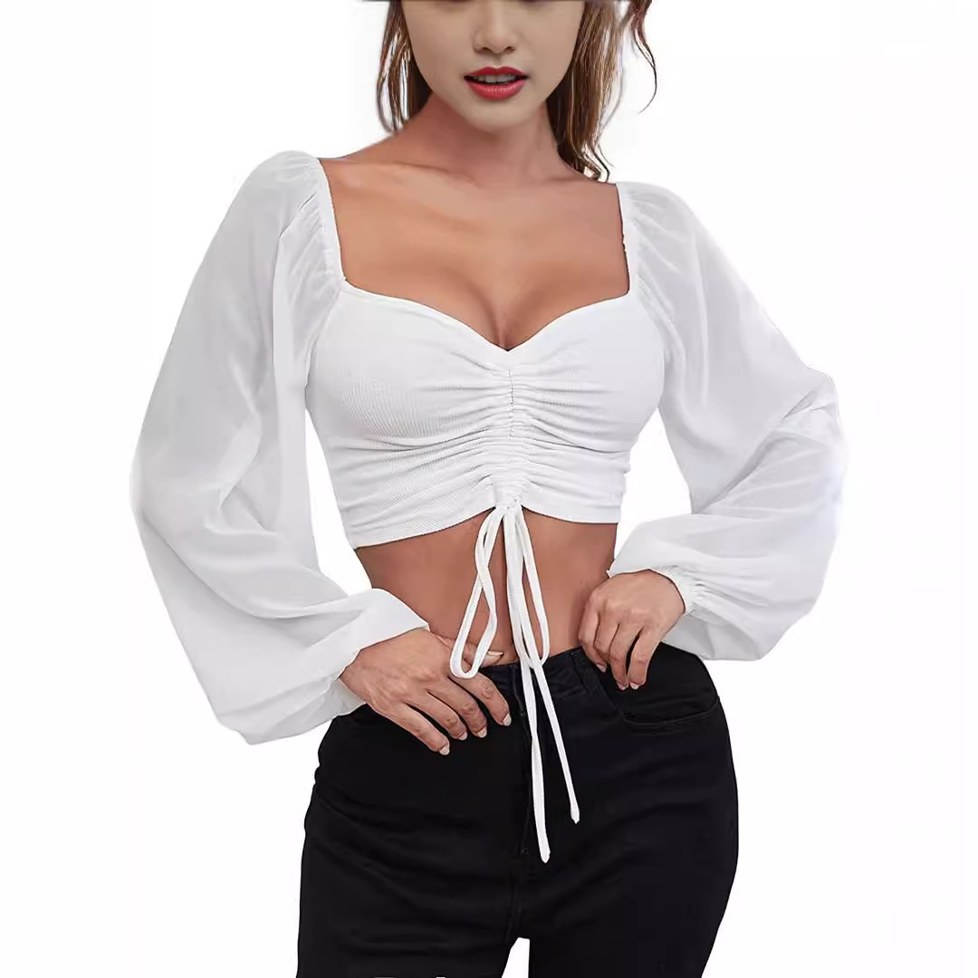 2024 Amazon AliExpress Summer New V-Neck Chiffon Drawstring Lantern Sleeves Tight Fashion Sexy Shirt Top