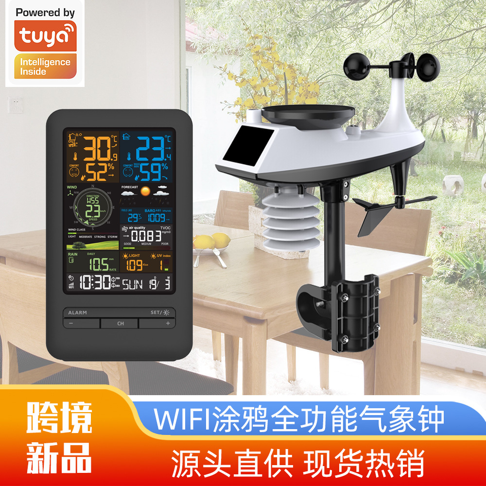 Кросс-граничная Tuya граффити WiFi умная метеостанция, будильник, гигрометр, измеритель скорости ветра и направления, цветной экран цифровых часов