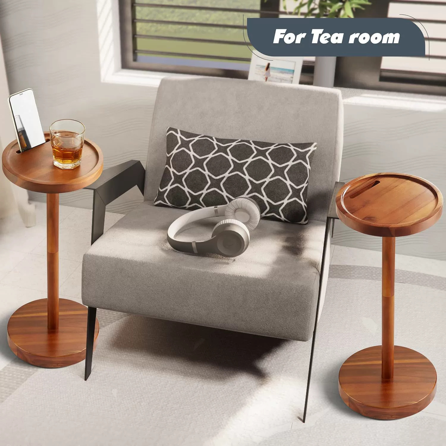Wooden Sofa Side Table Beverage Table Base with Mobile Phone Bracket Small Round Side Table Small Beverage Table Sofa Side Rack
