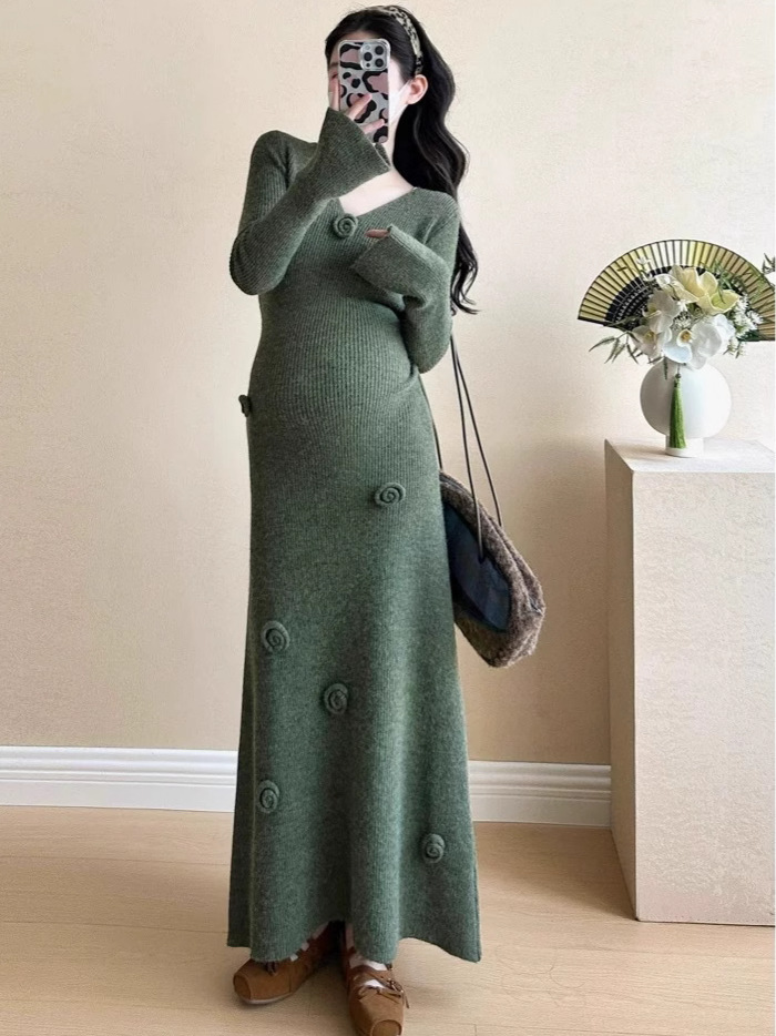 Одежда для беременных 2025 новая V-образный вырез вязаное платье