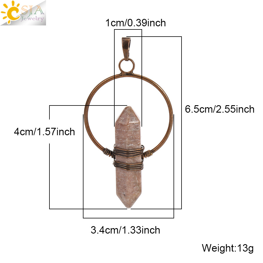 European and American Retro Red Copper Winding Round Pendant Natural Red Stripe Stone Crystal Hexagon Pillar Spirit Pendulum DIY Jewelry Accessories