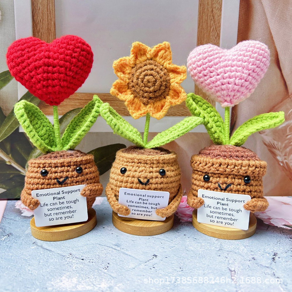 Amazon Hot Sale Wool Handmade Crochet Cactus Potted Woven Sunflower Rose Tulip Doll Pendulum