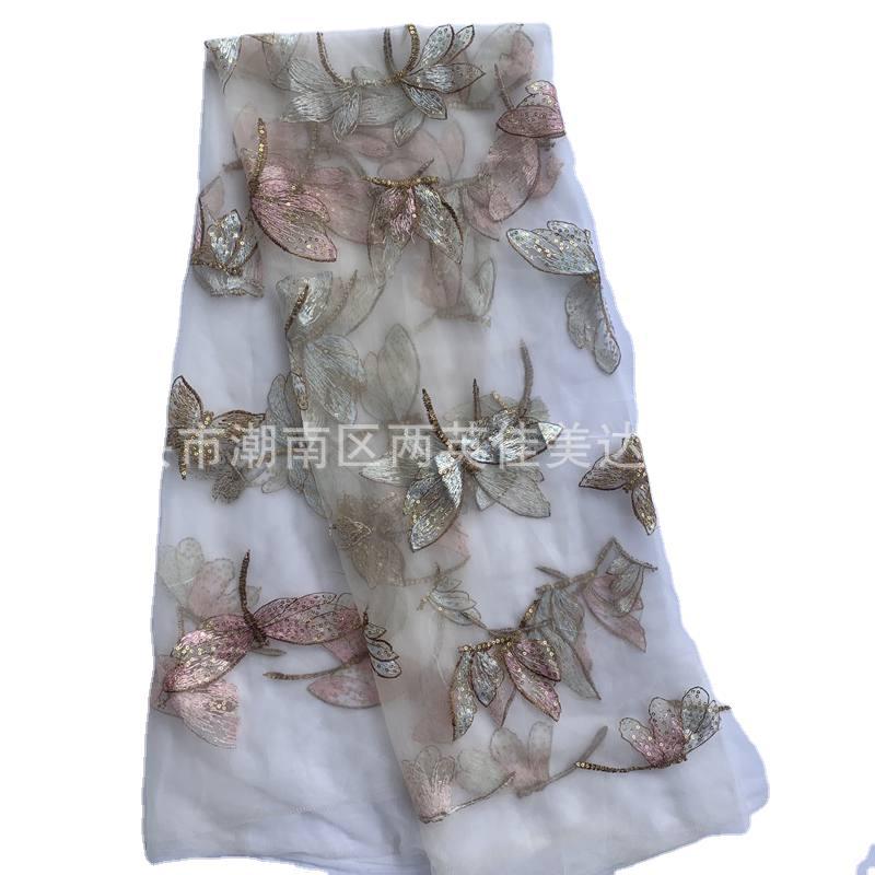 Polyester sequins embroidered mesh butterfly beads embroidered fabric factory direct light and thin camber top women's sequins embroidered