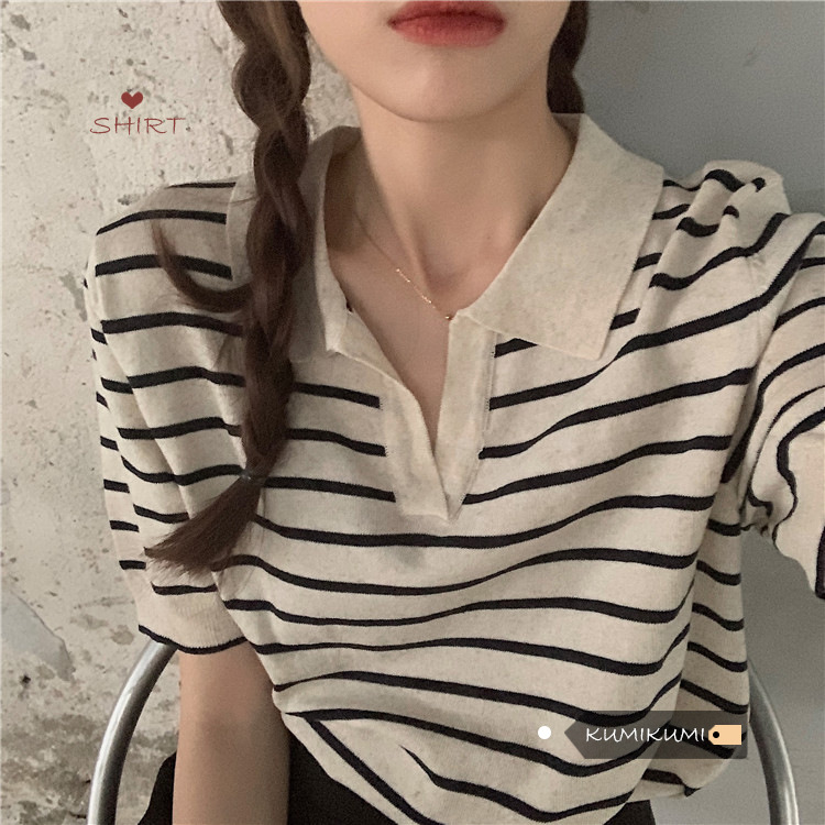 Versatile Retro T-Shirt Loose Short-Sleeved Knitwear 2025 New Lazy Style Stripesd V Neck Pullover Polo Shirt for Women