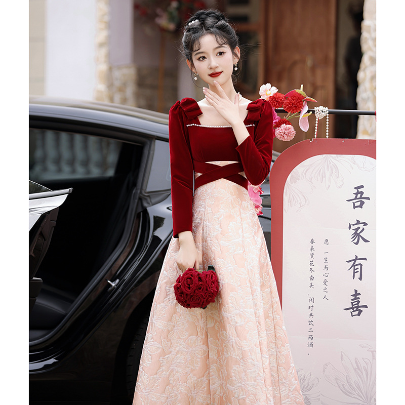 Toast Wear Bridal Temperament Square Neck Small Engagement Dress Back Door Casual Wear 2025 New Spring and Autumn