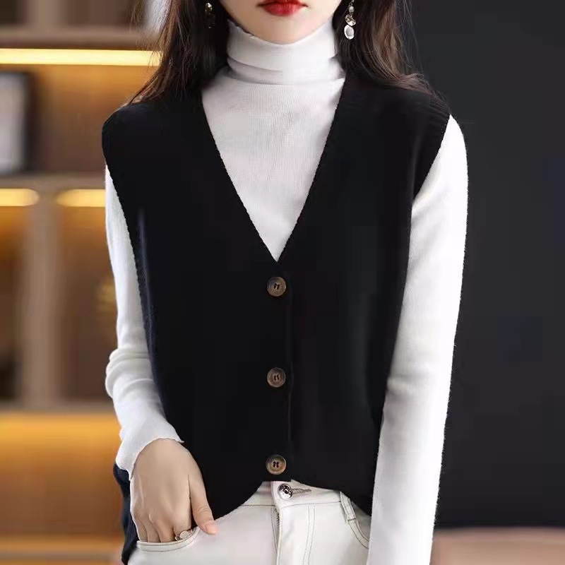 2024 Spring and Autumn Layered Korean Style Slim Fit Casual Loose Solid Color Knitted Cardigan Vest Sweater Women's Vest Wear Outside