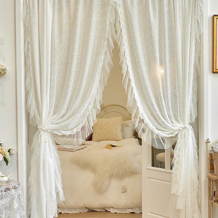 Chanel-Style Solid Color Lace Sheer Curtain, No-Drill Magic Tape Bedroom Bay Window Partition Door Curtain with Rod