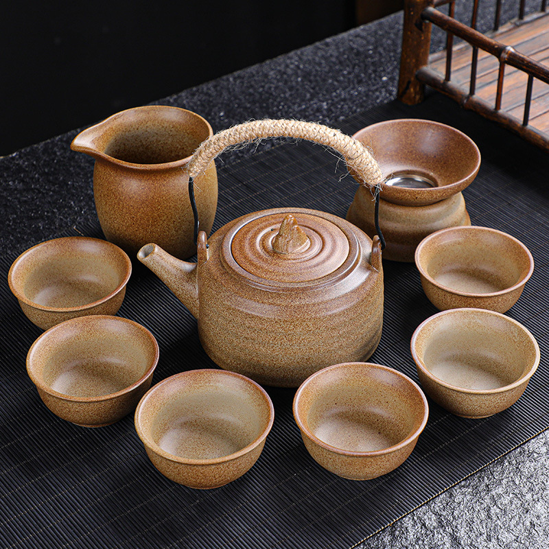 Teapot Set with Handle, Coarse Pottery Complete Ceramic Kung Fu Tea Set for Home Use, Simple Charcoal Stove Teapot for Brewing Tea Around the Stove
