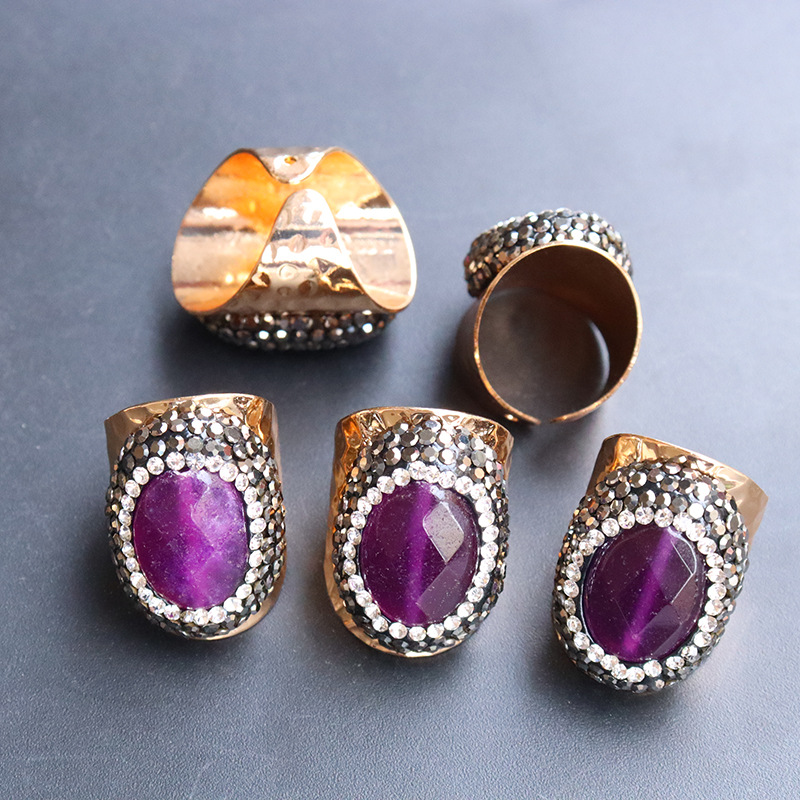 Natural Amethyst Cut Ring Original Stone Crystal Handmade Miniature Inlaid Rhinestone DIY Jewelry Ring Cross-border Europe and America
