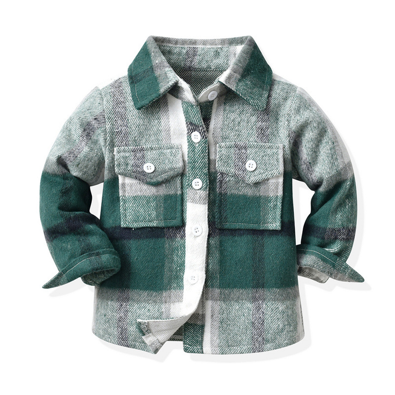 Autumn Boys' Jacket Korean Style New Children's Neutral Plaid Turn-Down Collar Brushed Long-Sleeve Top Trendy Short Cardigan