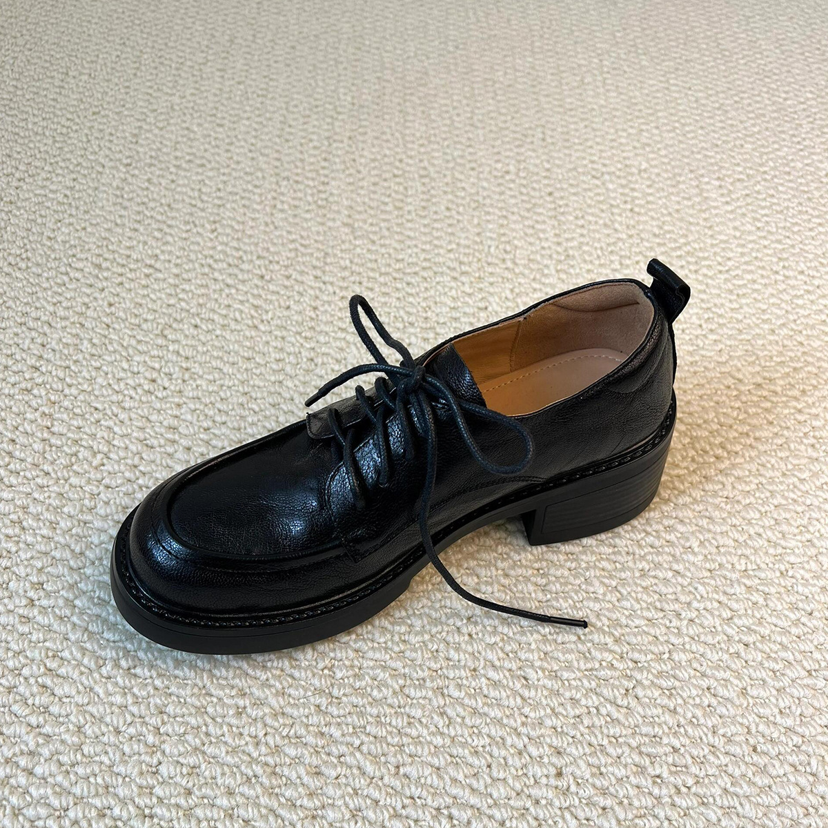 Sheepskin Version ~ College Style Lace-Up Thick-Heeled Loafers for Women, Genuine Leather Versatile Thick-Soled Flats, Casual British Small Leather Shoes