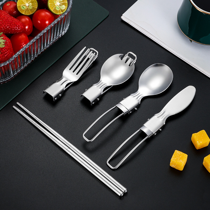 304 stainless steel folding tableware set pair folding knife fork spoon detachable chopsticks outdoor portable tableware bag