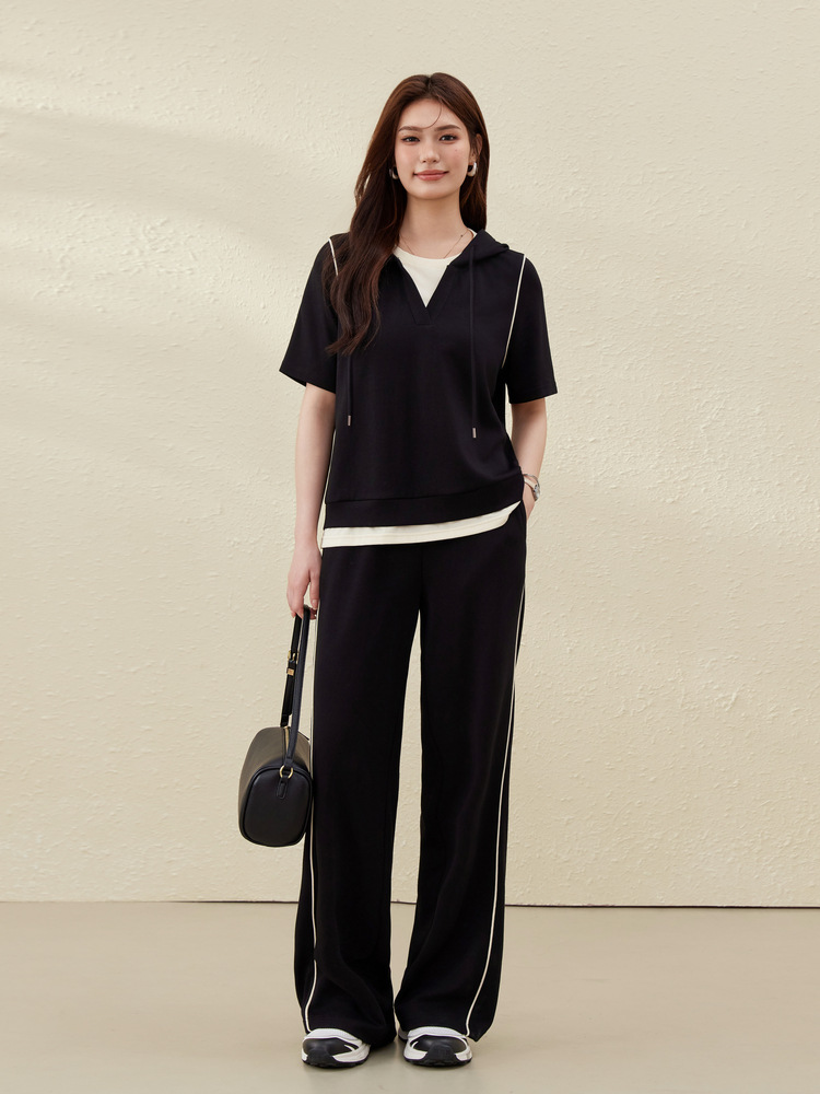 контрастный капюшон, трикотаж, широкие брюки, летний комплект для полных