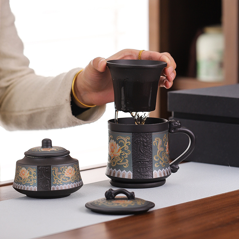Purple sand tea cup with lid filter tea separation Cup high-end office Cup mug household personal tea cup gift box