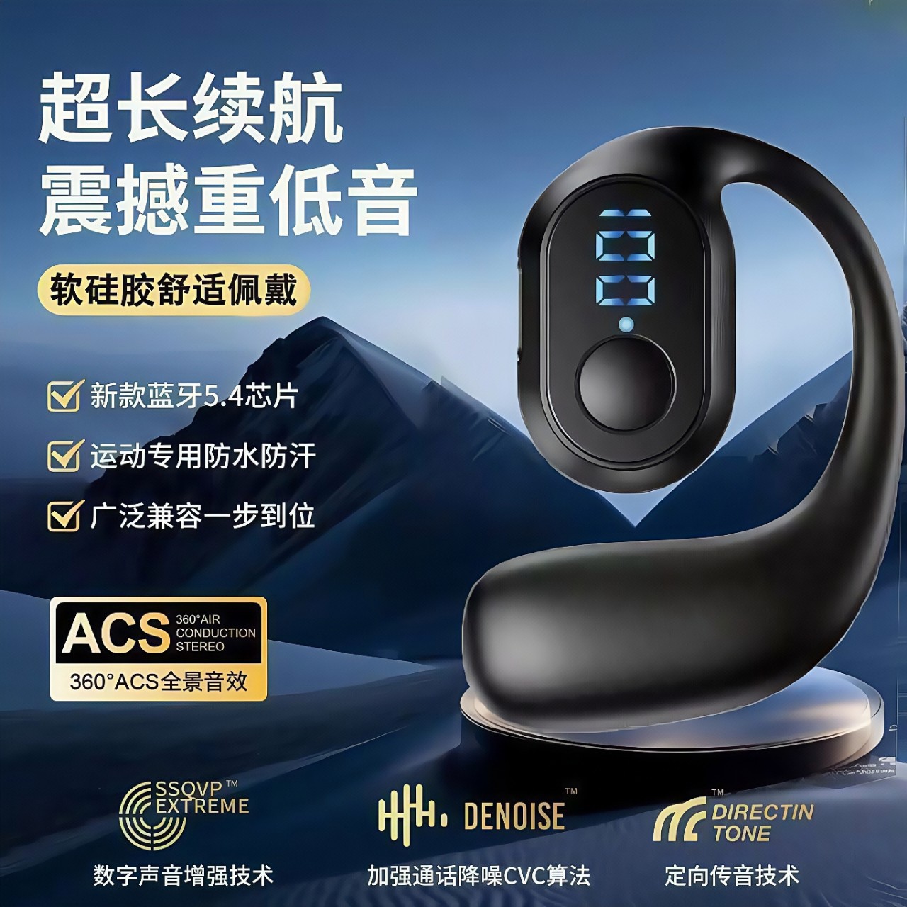 Ows True Wireless Bluetooth Earphones Bone Conduction Over-Ear Non-In-Ear Noise Reduction Sports Style Cross-Border Hot-Selling Digital Display