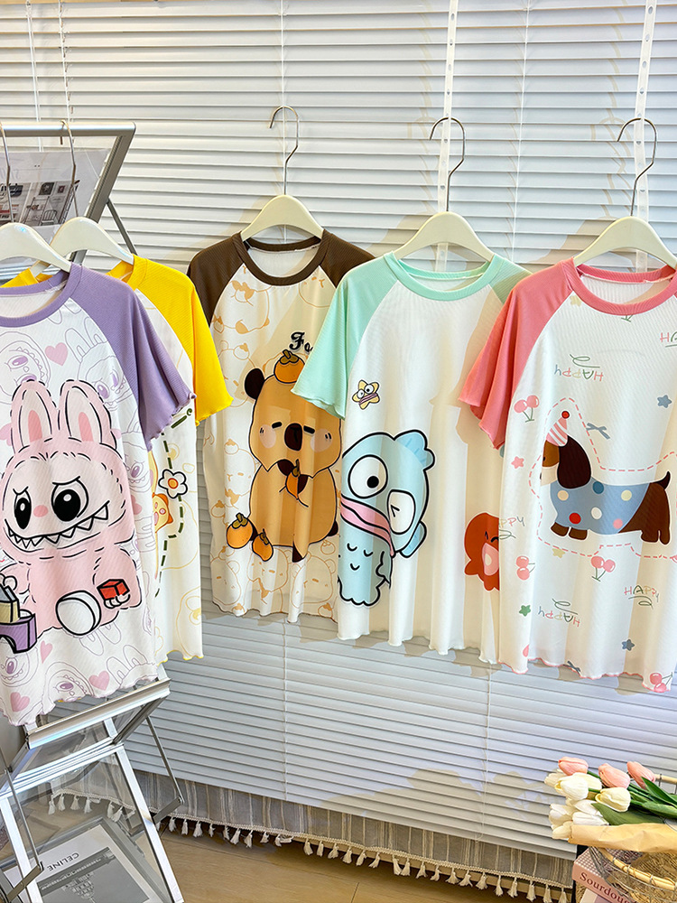 Детская летняя тонкая длинная ночная рубашка, короткая ночная рубашка из льда с кружевом, пижамы с мультяшными героями, одежда для кондиционера