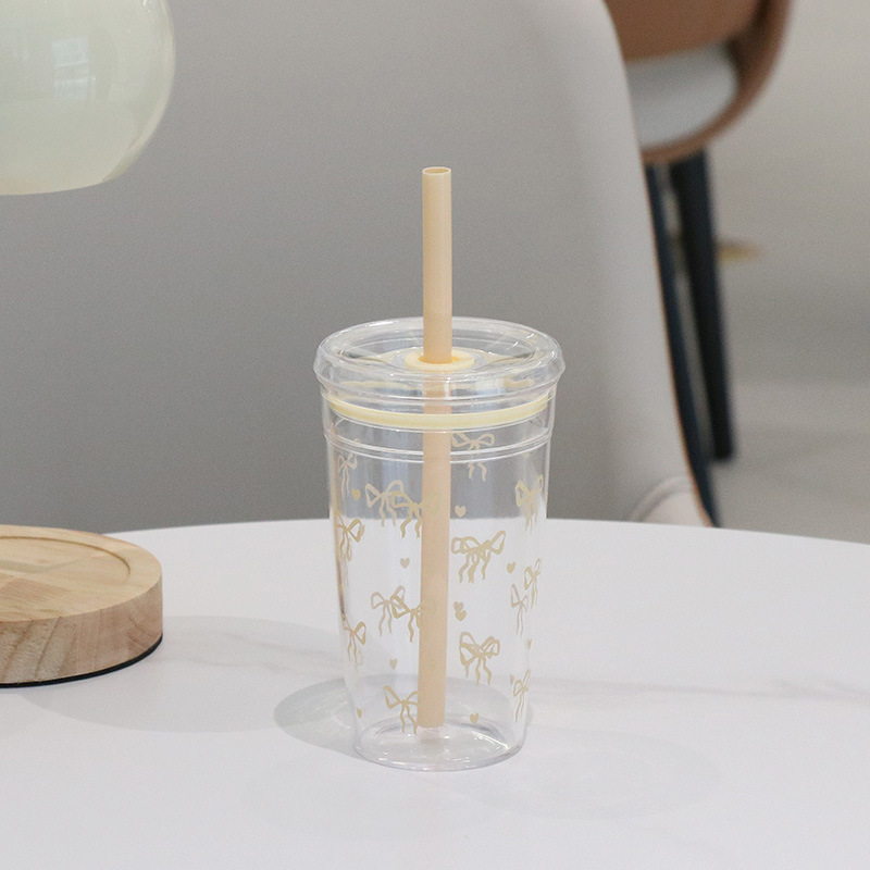 Summer new single-layer transparent plastic suction cup simple straight milk tea cup coffee cup bow printing wholesale