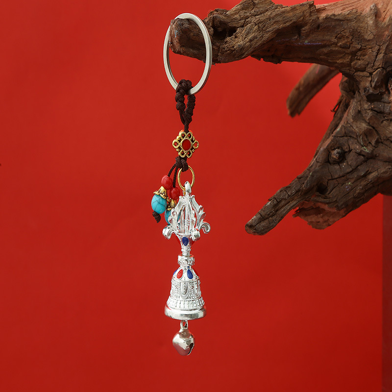 Xizang Alloy Two-Tone Vajra Bell Keychain Six-Syllable Mantra Pendant Car Bag Dual-Use Creative Ornament