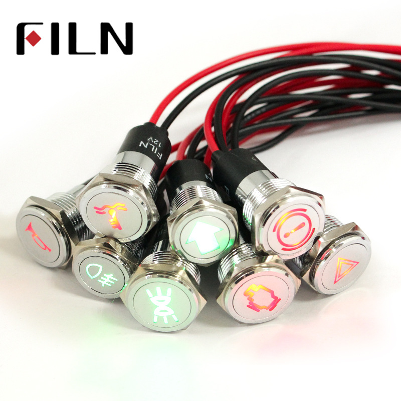 14mm all kinds of symbol indicator light 12V220V metal with wire signal lamp symbol can choose LED black plating