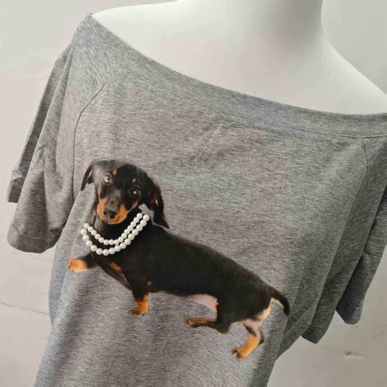 Long-Term In-Stock 2025 Summer Xu Ruohan Han Niki Same Style Gray Off-Shoulder Puppy Print T-Shirt Short Sleeve Top