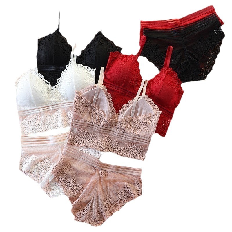 Cross-border European and American French Sexy Lace Bra suit Hollow Back Comfortable Sling Underwear Women's Briefs TEMU