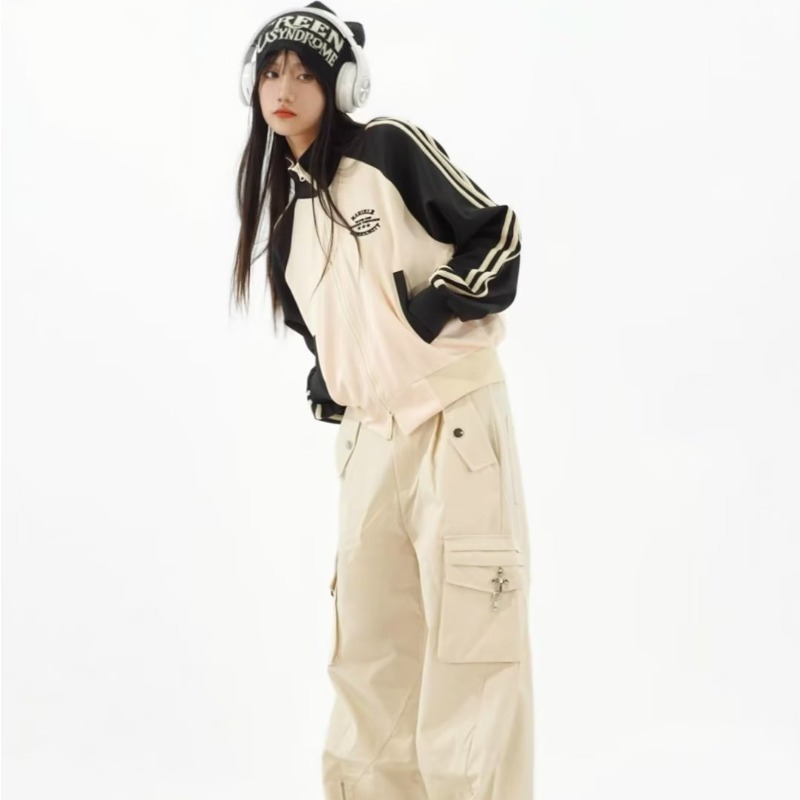 American retro preppy style hot girl short zipper cardigan women's striped color matching stand collar casual long-sleeved jacket