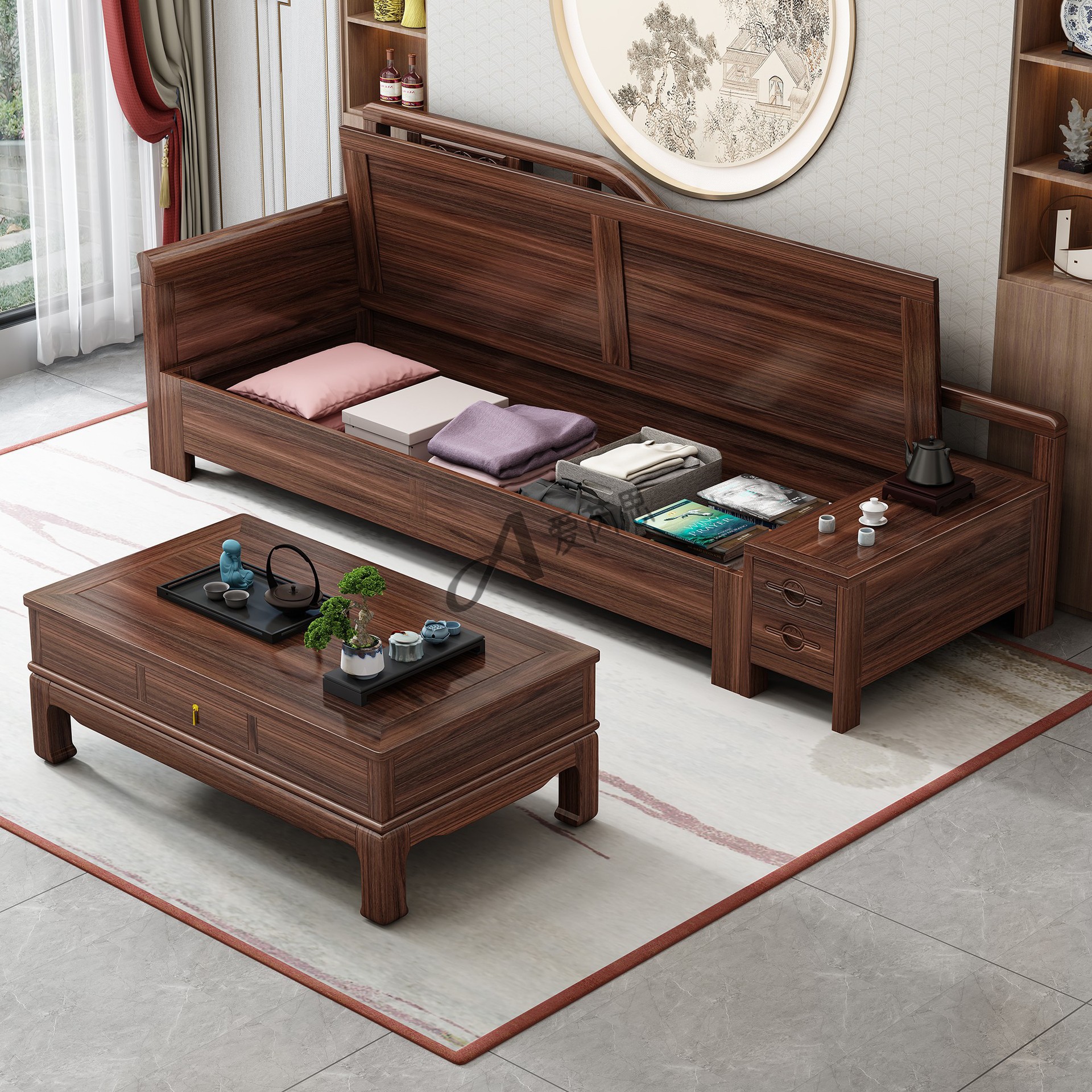 Mt Chinese-Style Ebony Solid Wood Sofa Combination Modern Simple Small Apartment Living Room Wooden Winter and Summer Dual-Use Storage Home