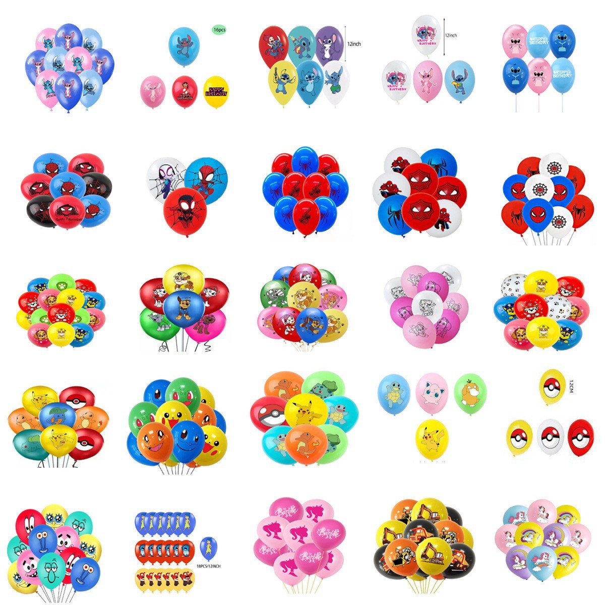 Cross-Border 12inch Latex Balloons Spiderman Stitch Paw Patrol Pokemon Minnie Mickey Superhero Figures