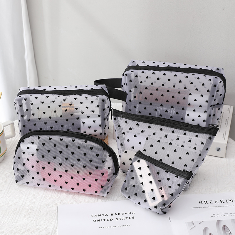 Niche ins mesh flocking love wash storage portable travel cosmetic bag large capacity breathable cute wholesale