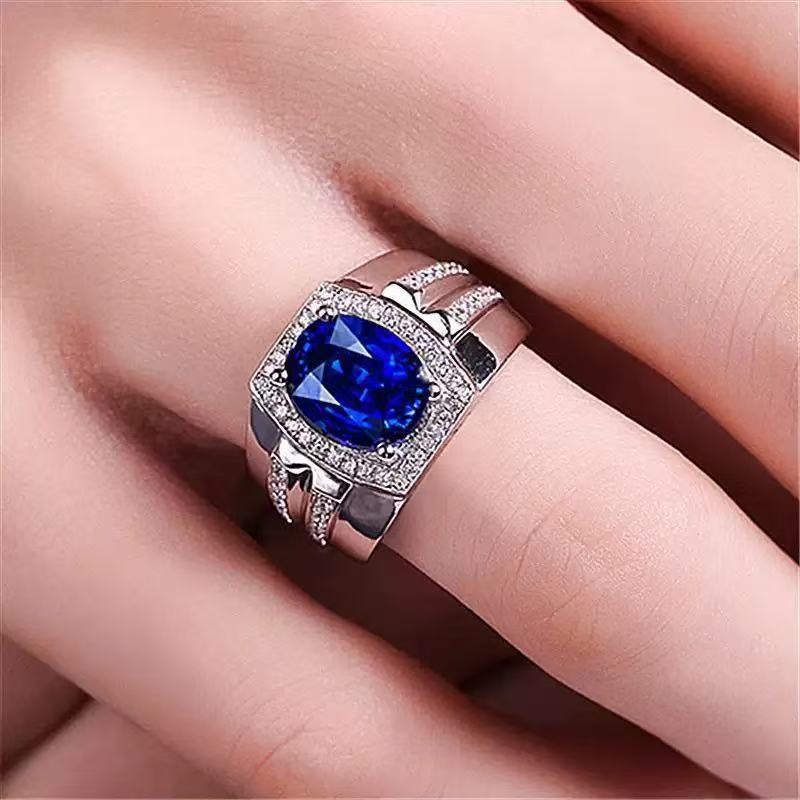 Hot Sold to Diamond Blue Diamond Men's Ring Myanmar Imitation Natural Sapphire Ring Plating 18K Gold Inlay Popular Ring