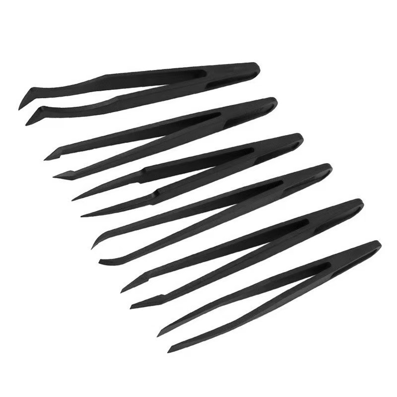 Black Plastic Tweezers Carbon Fiber Elastic Clamping Tool Multi Specification Flat Head Pointed Round Head Elbow Plastic Tweezers
