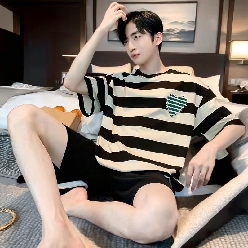 2024 пижама для мужчин, лето, молочный шелк, короткий рукав, мультяшная, повседневная, молодежная, студенческая, тонкая домашняя одежда