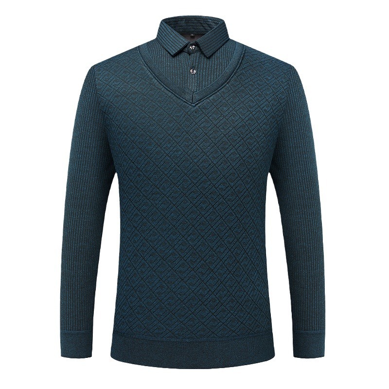 New Thickened Warm Fake Two-piece Men's Long-sleeved Autumn and Winter Striped Stitching Casual Fake Collar Inner Knit Sweater