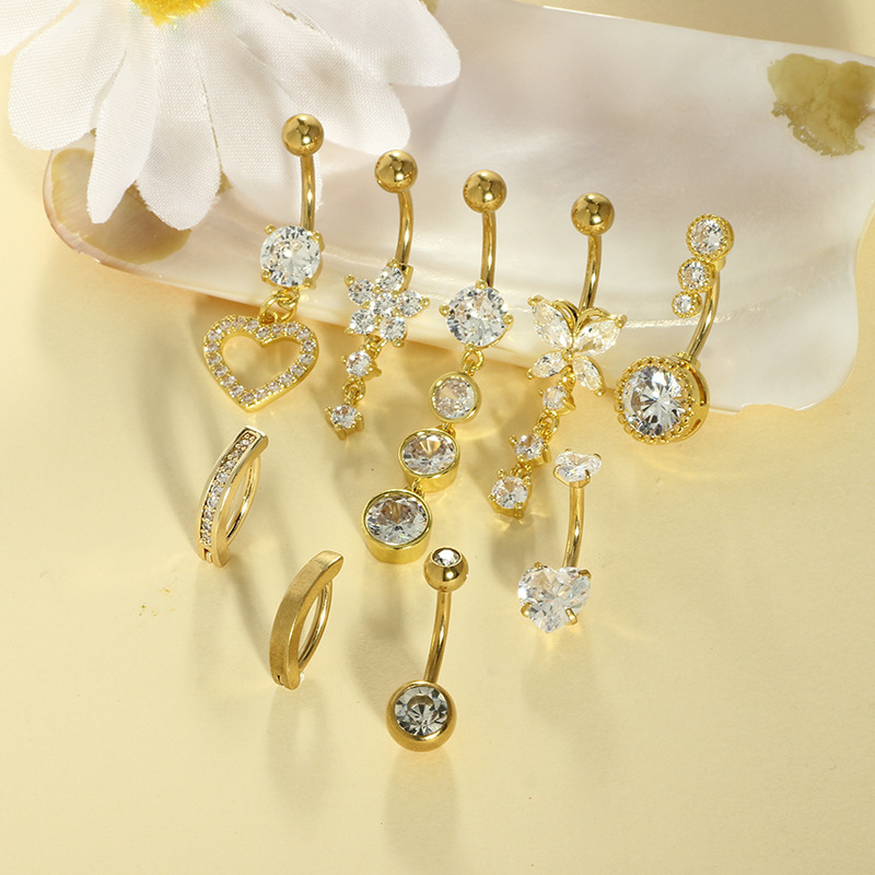 Fashion European and American Nine-Piece Stainless Steel Zircon Double-Headed Smooth Navel Ring Piercing Jewelry Foreign Trade E-Commerce Jewelry