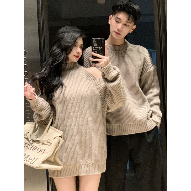 Couple wear autumn and winter new women's off-the-shoulder sweater skirt men's pullover round neck sweater sweater