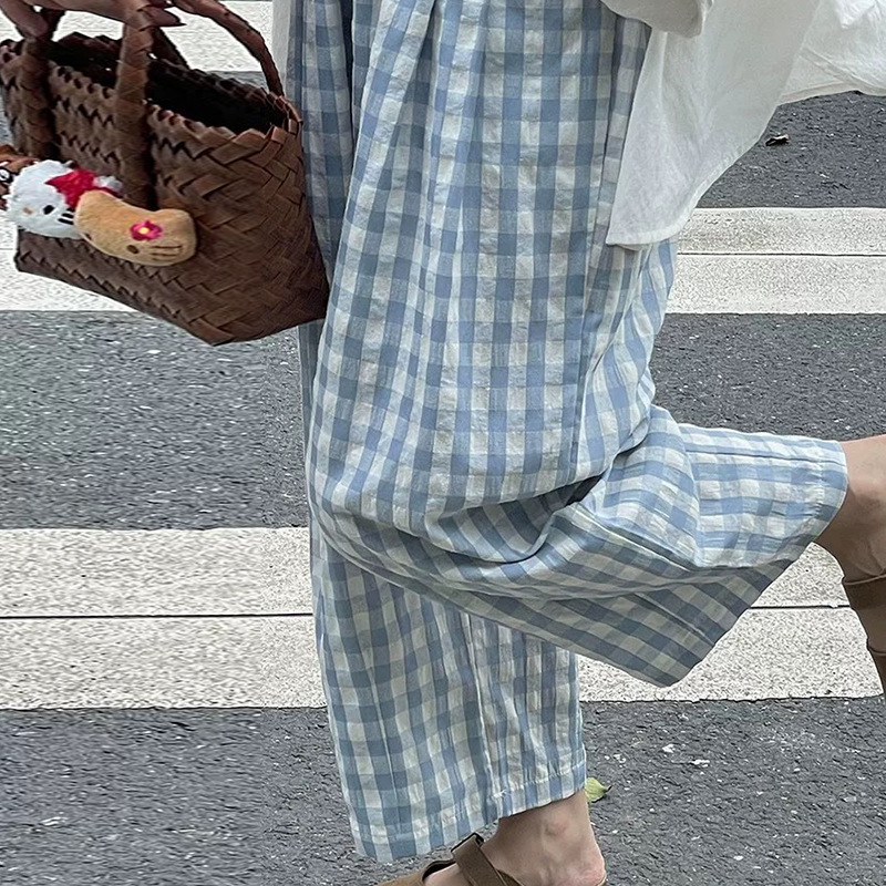 This year's popular plat pants cotton and linen wide legs chubby girl small belly covering hip width baby blue pants summer