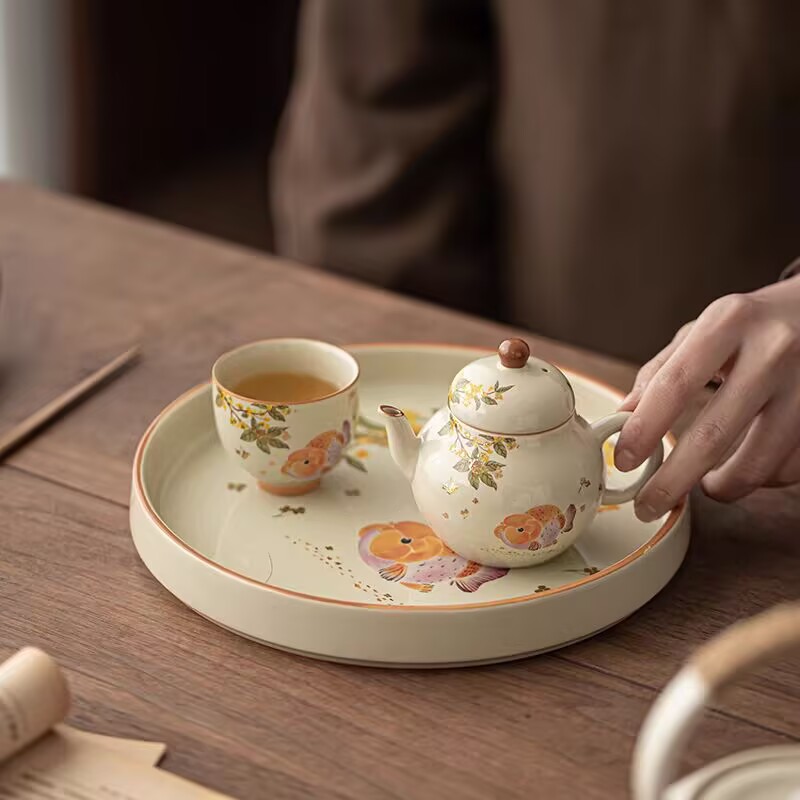 Creative Small Ceramic Tea Tray with a Round Dry Bubble Tray and Fruit Tray for Storing Tea Leaves