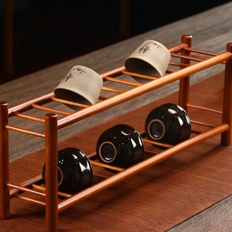 Двухъярусный держатель для чашек из бамбука, подставка для чайных аксессуаров