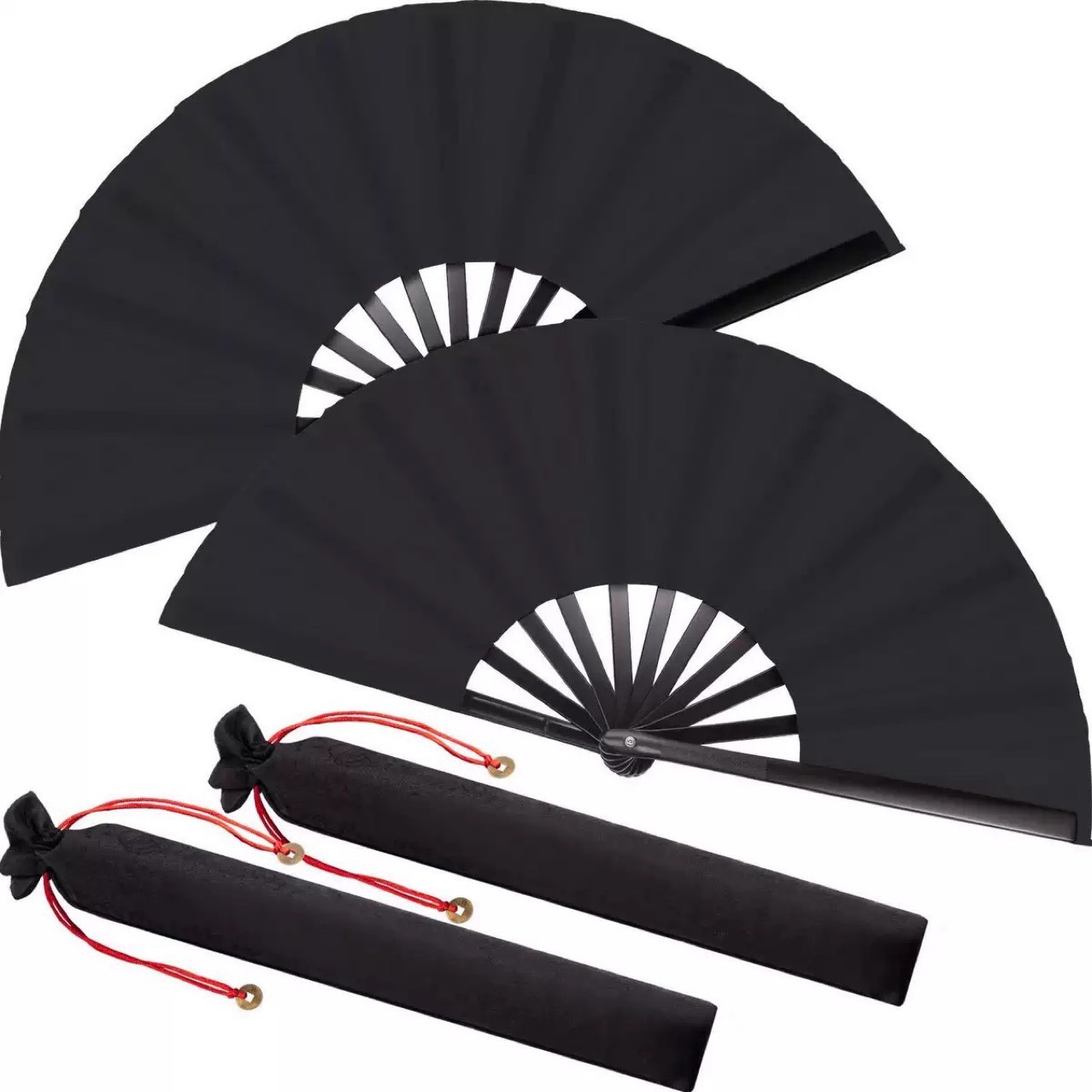 33.3cm All Black 33cm Plastic Kung Fu Fan Amazon Best-Selling Ringing Fan Martial Arts Fan Can Add Logo and Can Be Equipped with Fan Bag