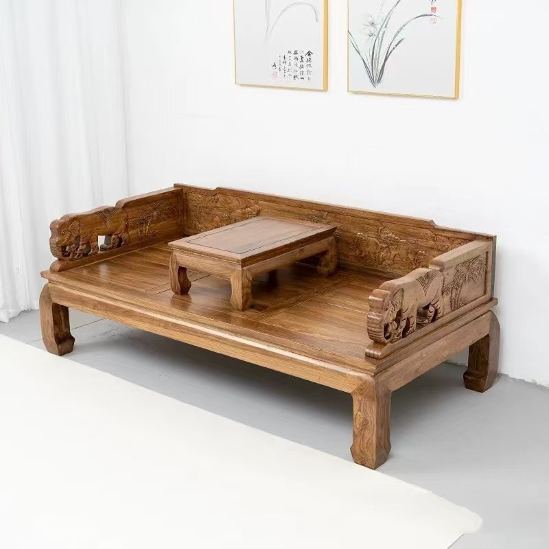 Old Elm Wood Luohan Bed Solid Wood Sofa Bed Antique Furniture Sleeping Couch Living Room Small Apartment Zen Sofa Combination Bed Couch