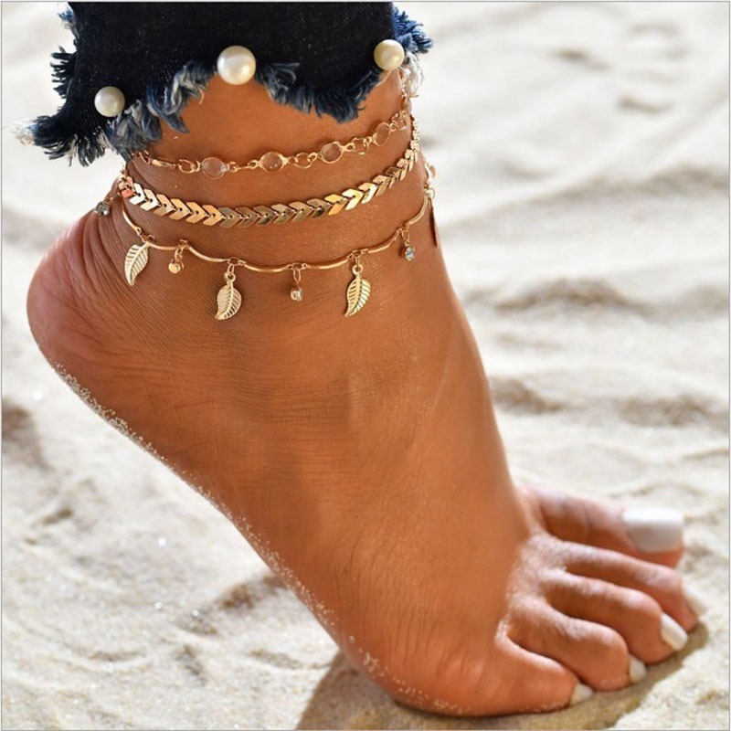 European and American foreign trade Beach ankle jewelry double layer multi-layer acrylic New Leaf zircon anklet women's set Wholesale