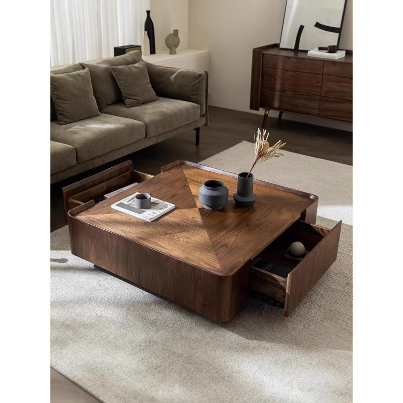 Italian Minimalist Small Apartment Wabi-Sabi Style Light Luxury Modern Living Room Walnut Color Square Internet Celebrity Storage Solid Wood Coffee Table