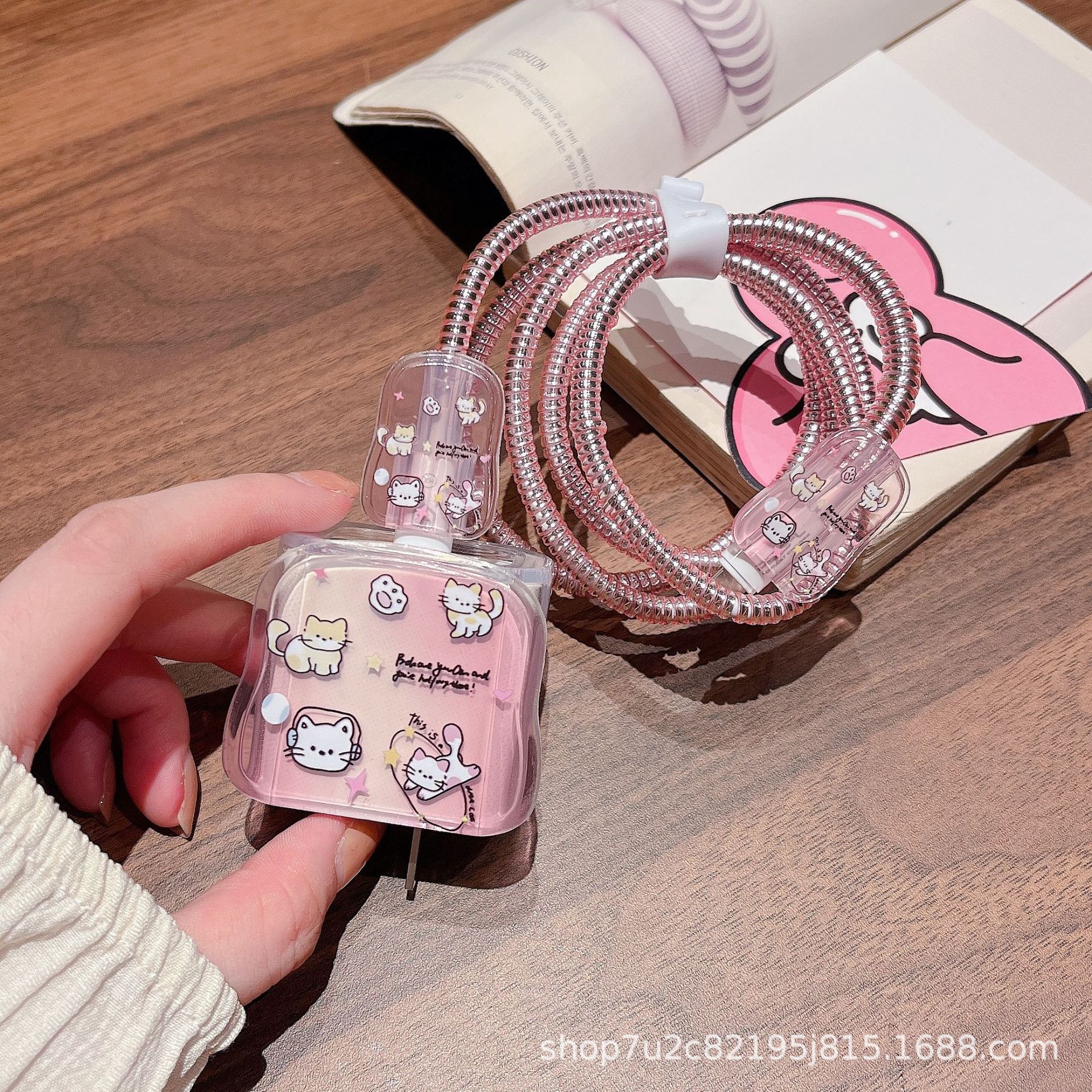 Pink Gradient Cat-Themed Protective Case for Apple Charging Head, iPhone 16 Fast Charging 20W Charger, Wave-Shaped Protective Cover