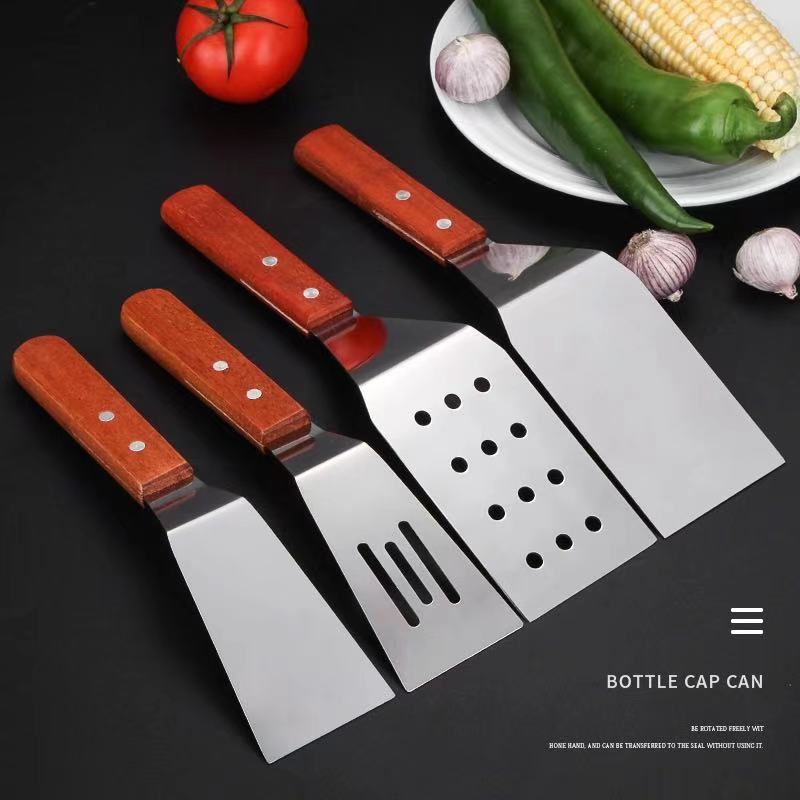 Stainless steel shovel wooden handle oblique shovel teppanyaki shovel cooking shovel barbecue shovel hand-held cake pancake fruit tool