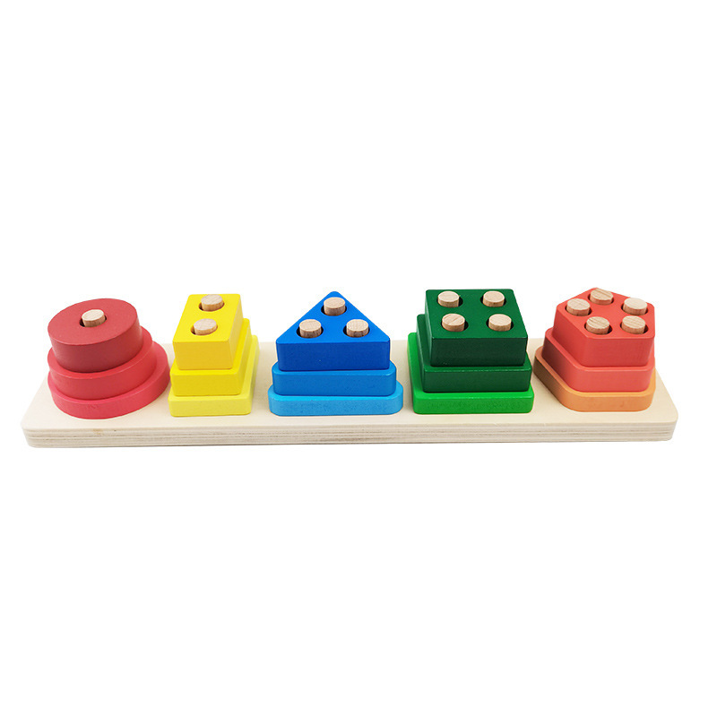 Children's geometric shape five sets of column building blocks kindergarten early education shape matching color cognition wooden educational toys