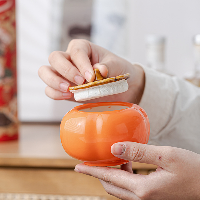 Ceramic Persimmon Ruyi Tea Pot Wedding small size Persimmon Sealed Pot Engagement Candy Gift Box Pot Printable Logo