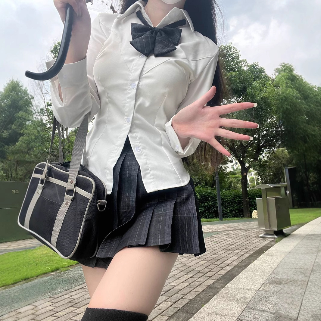 New Jk Uniform with Tie V-Neck, Waist-Cinching, Slimming Short-Sleeve Shirt for Women, Japanese College Style Versatile Pure Desire Set