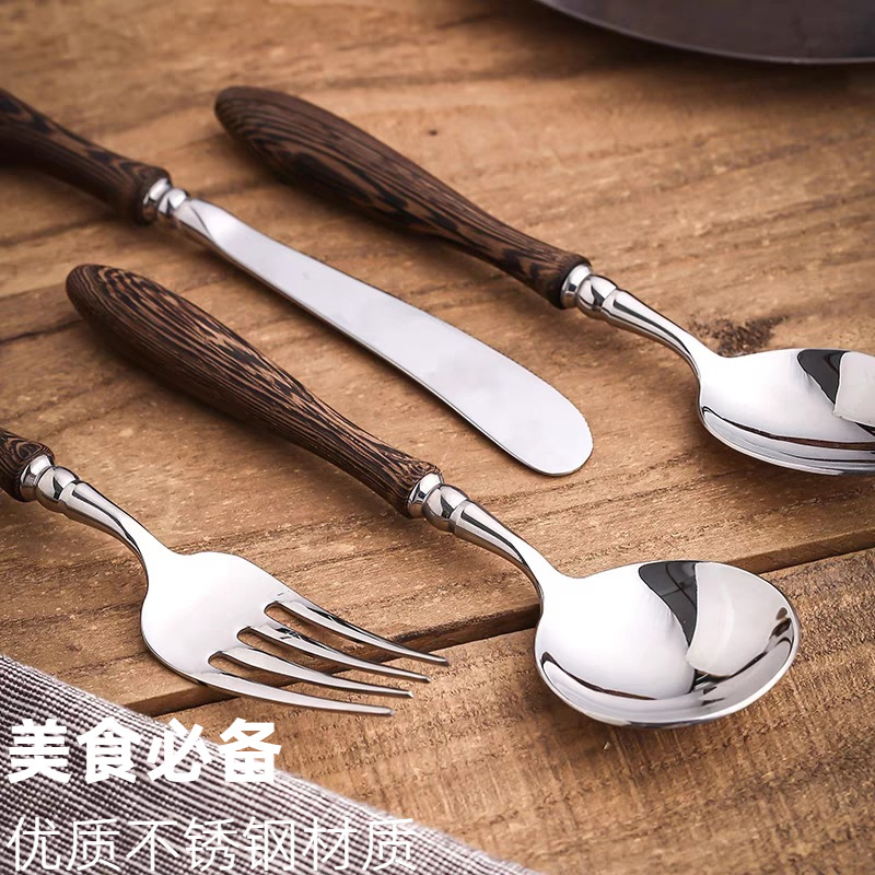 Hotel Steak Dessert Steak Knife, Fork and Spoon Set Accessible Luxury Stainless Steel Chicken Wing Wood Rosewood 304 Tableware Wholesale