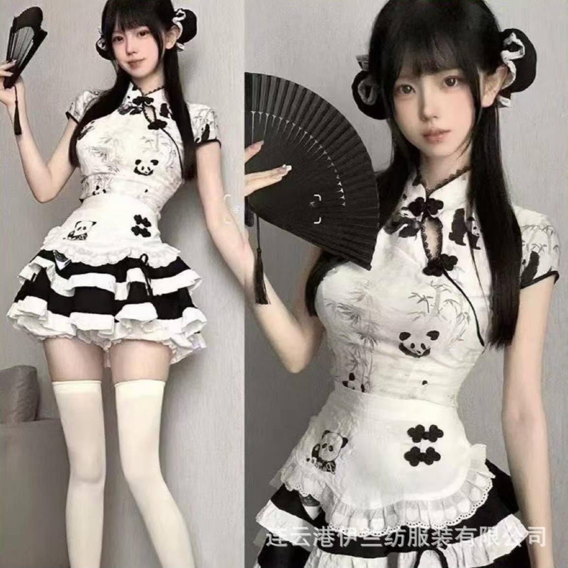 Cute Girl's New Chinese Style National Style Panda Printed Top High Waist Figure Flattering Puffy Cake Skirt Maid Apron suit